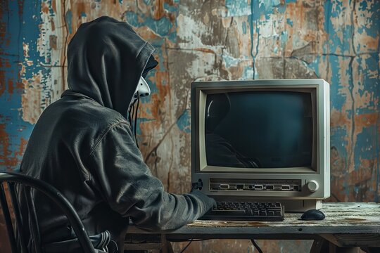 Anonymous Hacker Next to Vintage Computer