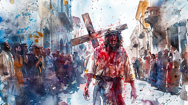 Digital watercolor painting of Jesus Watercolor painting, Jesus carrying the cross through an ancient city street, people lining the path, expressions of sorrow and reverence