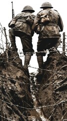 Two soldiers stand together in a muddy trench behind barbed wire during a war, wearing old uniforms and helmets, facing a daunting battlefield.