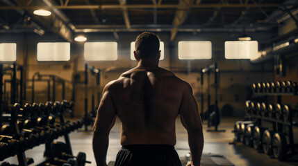 Wall Mural - Muscular athlete contemplating in a moody gym ambiance.