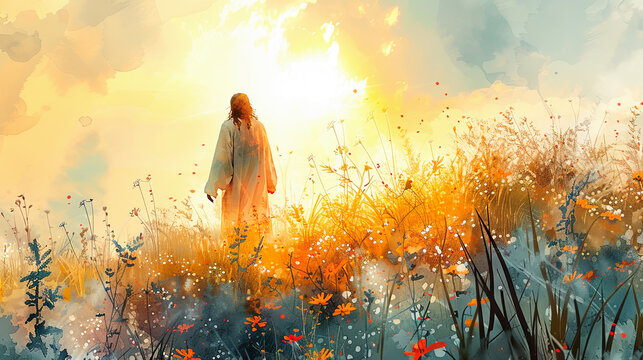 Digital watercolor painting of Jesus Watercolor painting, Jesus walking through a serene meadow at sunset, wildflowers and tall grasses swaying in the breeze, peaceful and reflective mood
