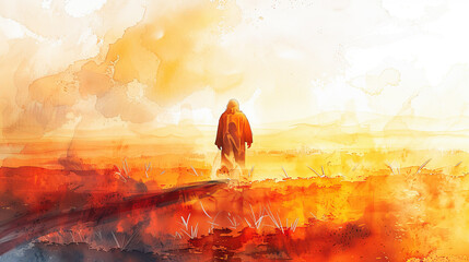 Digital watercolor painting of Jesus Watercolor painting, Jesus walking through a desert at sunrise, golden sands stretching out before him, reflective and peaceful mood, Watercolor painting