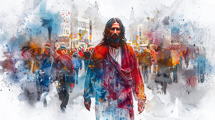 Wall Mural - Digital watercolor painting of Jesus Watercolor painting, Jesus walking through a busy city street, blending ancient and modern elements, people of diverse backgrounds passing