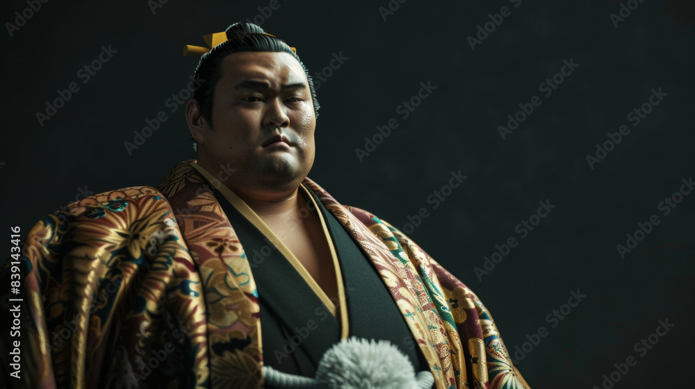 Portrait of a confident and imposing sumo wrestler wearing traditional ...