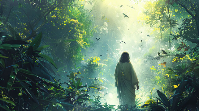 Digital watercolor painting of Jesus standing at the edge of a lush, tropical rainforest, sunlight filtering through the dense canopy, colorful birds flitting among the branches