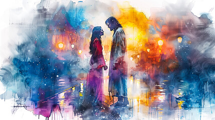 Wall Mural - Digital watercolor painting of Jesus Watercolor painting, Jesus standing in the rain, comforting a sad woman, reflections of city lights on wet pavement, compassionate and hopeful atmosphere