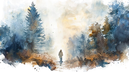 Wall Mural - Digital watercolor painting of Jesus Watercolor painting, Jesus walking along a quiet country road at dawn, mist rising from the fields, peaceful and serene atmosphere, Watercolor painting