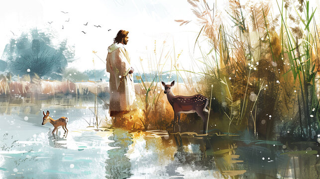Digital watercolor painting of Jesus standing on the banks of a gently flowing river, tall grasses swaying in the breeze, a family of deer drinking from the water's edge