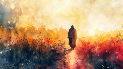 Wall Mural - Digital watercolor painting of Jesus Watercolor painting, Jesus walking along a quiet country road at dawn, mist rising from the fields, peaceful and serene atmosphere, Watercolor painting
