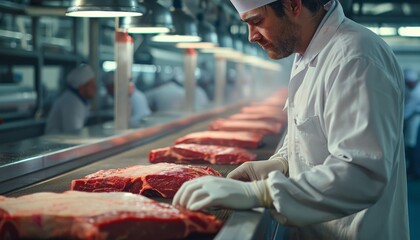 Wall Mural - A meat processing plant worker wearing a white coat and gloves inspects cuts of beef on a conveyor belt. A close up of a meat processing plant worker wearing a glove and touching a piece of meat.	