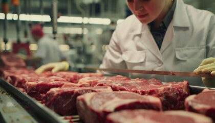 Wall Mural - A meat processing plant worker wearing a white coat and gloves inspects cuts of beef on a conveyor belt. A close up of a meat processing plant worker wearing a glove and touching a piece of meat.	