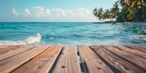 Canvas Print - A picturesque view of a wooden dock stretching into the azure sea, the details of the planks in sharp focus against a backdrop