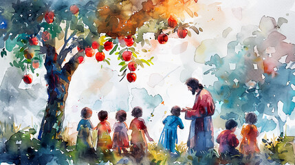 Wall Mural - Digital watercolor painting of Jesus Watercolor painting, Jesus sharing a parable with a group of children in a sunlit orchard, apples hanging from branches, nurturing and educational mood