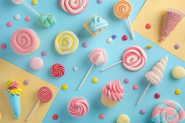 Wall Mural - Abstract shapes of cute sweets like cupcakes, lollipops, and candies on a pastel background