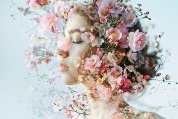 Poster - Amidst a symphony of blossoms, a woman's portrait comes to life in a stunning double exposure where flowers adorn her hair