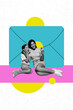 © deagreez - Vertical collage image young cheerful girl mother daughter envelop correspondence letter smartphone messenger app online communication