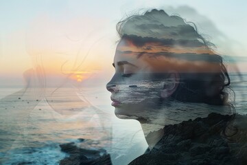 Sticker - As the first light of dawn illuminates the horizon, a young woman stands on a rocky shoreline, her tranquil gaze reflecting the serene beauty of the morning sea.