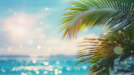 Wall Mural - Tranquil Tropical Seascape with Palm Tree, Beach Blur Bokeh - Summer Vacation Concept