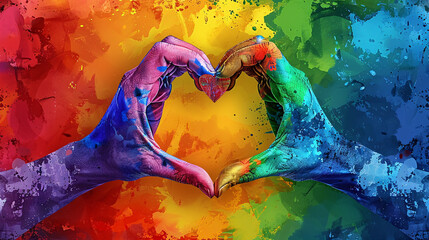 Wall Mural - A colorful painting of two hands forming a heart