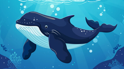 Canvas Print - A cute cartoon blue whale swimming in the ocean