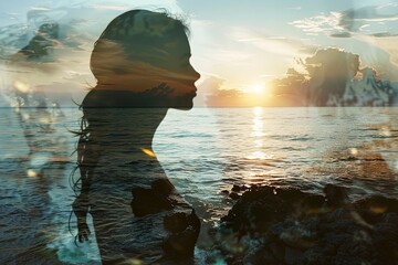 Sticker - As the first light of dawn illuminates the horizon, a young woman stands on a rocky shoreline, her tranquil gaze reflecting the serene beauty of the morning sea.