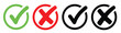 © J Creatives - Check mark icon button set. Check box icon with right and wrong buttons and yes or no checkmark icons in green tick box and red cross.