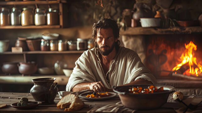 Jesus sitting at a rustic wooden table in a cozy countryside cottage, a warm fire crackling in the hearth, shelves lined with books and jars of preserves