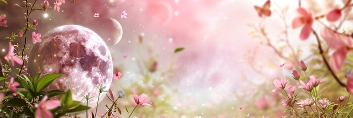 Wall Mural - pink moon in the middle of a field of flowers with a pink sky in the background