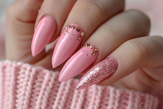 a woman's hand with pink and gold nails and a pink sweater
