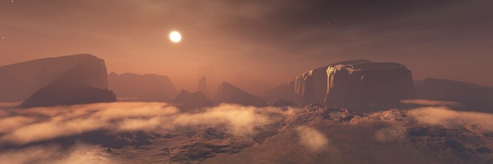 Wall Mural - panorama of mars at sunset, sunrise above the surface of mars, martian landscape, 3d rendering