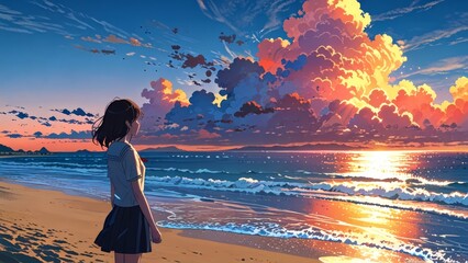 girl at beach sunset Anime style illustration, flat vector illustration, anime background