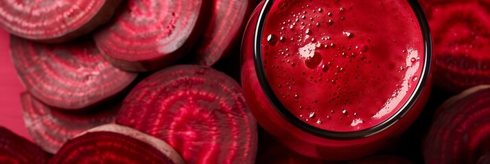 Wall Mural - A close-up shot of rich red juice, showcasing its vibrant color with beetroot slices arranged artistically, highlighting the freshness and health benefits.

