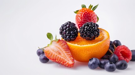 Wall Mural - Fresh summer fruits and berries stack, blackberry, orange, blueberry, strawberry, isolated on white background, healthy life, photorealistic, dynamic, blend mode, crisp and fresh