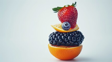 Wall Mural - Fresh summer fruits and berries stack, blackberry, orange, blueberry, strawberry, isolated on white background, healthy life, photorealistic, dynamic, blend mode, crisp and fresh