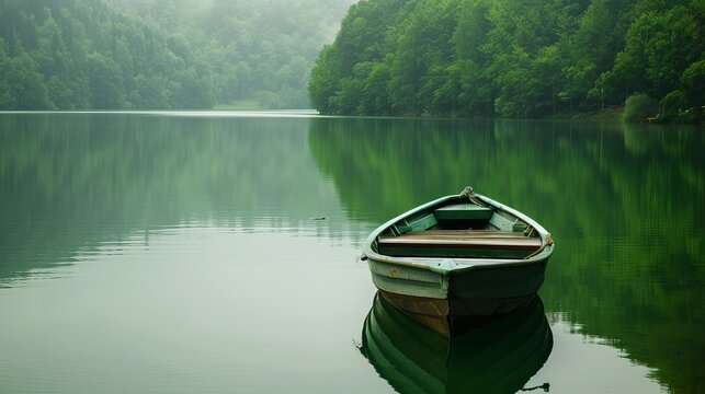 Lone Boat on Tranquil Green Waters - Serene Scene of a Single Boat Resting on a Calm Lake