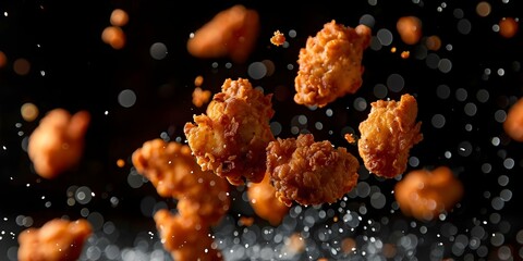 Wall Mural - Slowmotion fried chicken bits in air against black background food concept. Concept Food Photography, Slow Motion, Fried Chicken, Food Concept