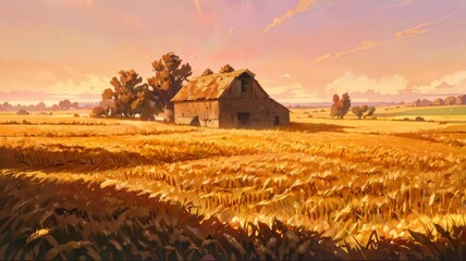 Wall Mural - Expansive farmland with golden fields of wheat Anime style illustration, flat vector illustration, anime background