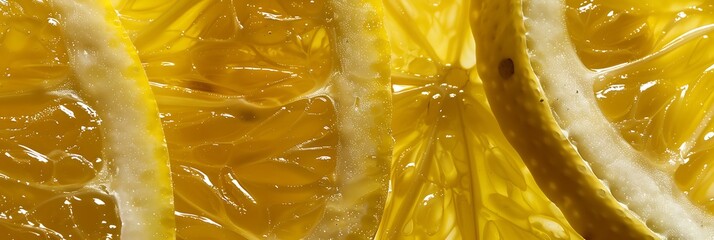 A close-up of a juicy lemon wedge, highlighting its texture and vibrant yellow color, capturing the freshness and zesty appeal.

