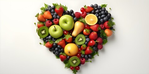 Wall Mural - Realistic illustrated heart made of fresh fruits and vegetables on light background. Concept Illustrated Heart, Fresh Produce, Light Background, Realistic Art, Nutritious Design