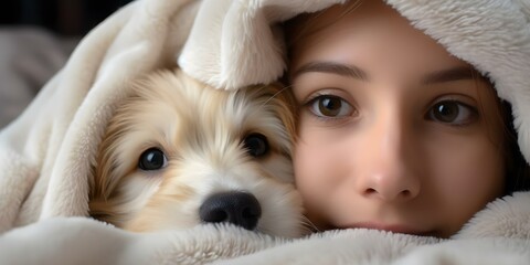 A young Maltipoo dog snuggled under a blanket enjoying pets from its owner. Concept Pets, Dogs, Maltipoo, Blanket, Cuddles