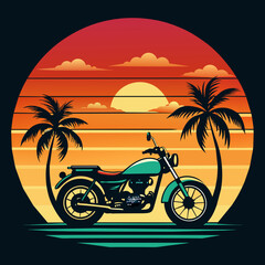 Wall Mural - vintage t-shirt design beach with palm trees and sun and bike  .