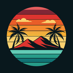 Poster - vintage t-shirt design beach with palm trees and sun and bike  .