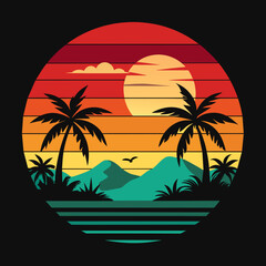 Sticker - vintage t-shirt design beach with palm trees and sun and bike  .