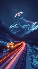 Sticker - Bullet Train Speeding Through Moonlit Mountain Landscape with Vibrant Light Trails