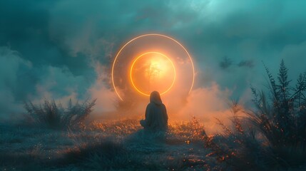 Wall Mural - Ethereal Kneeling Figure Bathed in Glowing Orb of Light Against Softly Blurred Dreamscape