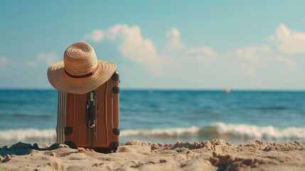 Wall Mural - Relaxing Beach Scene with Luggage and Summer Hat - Vacation and Travel Concept