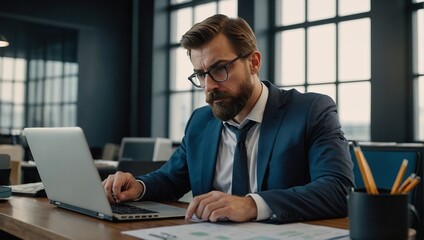 Focused Caucasian business man auditor with beard and mustache looks at laptop with financial tables and prepares tax return or accounting report for company