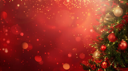 Wall Mural - Christmas Tree With Ornament And Bokeh Lights In Red Background