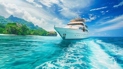 Wall Mural - Luxury Cruise Boat Anchored by Tropical Seychelles Island with Pristine Waters