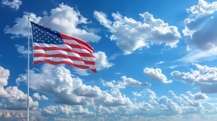 american flag background with a subtle waving effect and a bright blue sky with fluffy white clouds